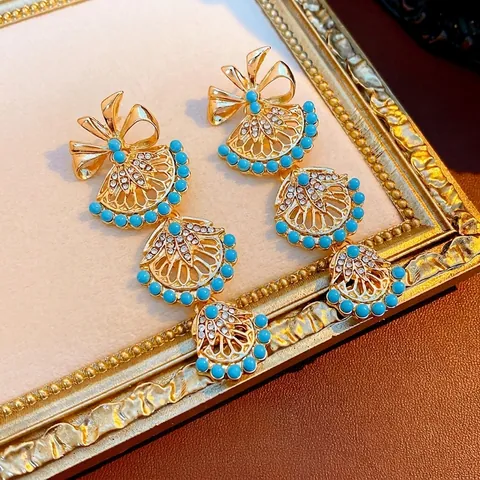 Orecchini Pendenti Vintage Con Perno In Argento Sterling 925 Lega Strass Tre Strati Forma Ventaglio Fiocco Lusso Retro