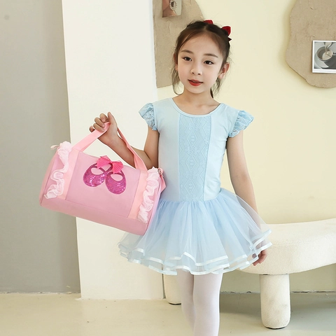 Ballet Dance Bag Kids Girls Oxford Cloth Cylindrical Lace Ruffle Sequin Bowknot Shoulder Handbag For Training
