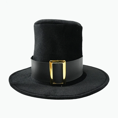 Cilindro Nero Vintage Piatto Feltro Di Lana Con Fibbia Dorata Per Halloween Spettacolo Di Magia Costume Da Scena