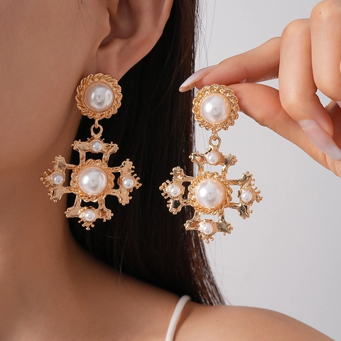 Retro Baroque Cross Dangle Earrings For Women Alloy Imitation Artificial Pearl With 925 Sterling Silver Earring Post Court Style