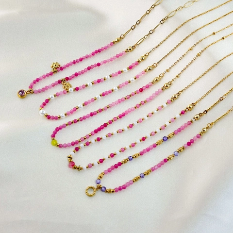 Collar de Abalorios de Piedra Natural de Colores Franceses para Mujer Gargantilla de Acero de Titanio Chapado en Oro de 18K Joyas
