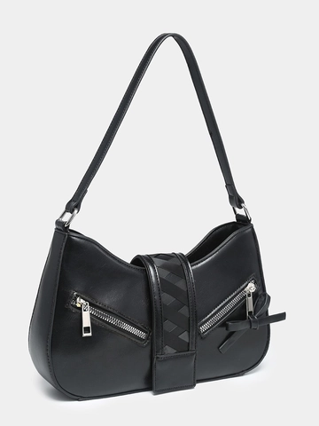 Women PU Leather Baguette Bag Retro Bow Decor Zipper Detail Underarm Shoulder Purse Y2K Style Fashion Commuter