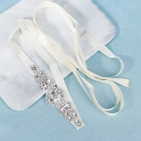 Luxury Rhinestone Flower Bridal Belt White Satin Ribbon Sash Sparkling Crystal Wedding Dress Belt For Women Wedding Party Jewelry Accessories