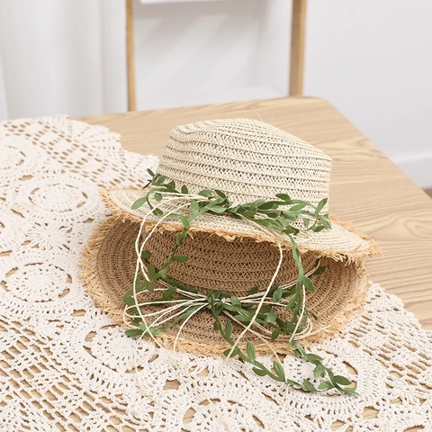 Cappello di Paglia di Carta a Corona Piatta con Foglie di Salice Estate Bordo Sfrangiato Protezione Solare Cappello Intrecciato per Donna Bambini Genitore-Figlio