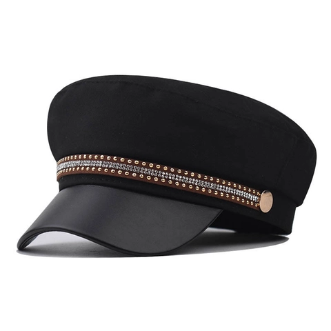 Vintage Britischer Stil Schirmmütze Damen Herbst Winter Warme Baskenmütze Mit Strass Verzierung PU Leder Krempe Mode Baker Boy Hut