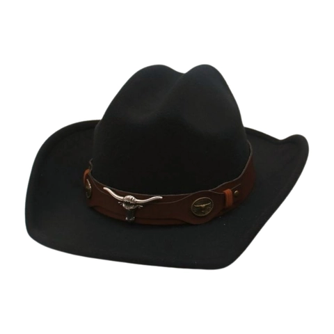 Western Cowboy Hat Vintage Ethnic Style Polyester Felt With Leather Band And Metal Bull Head For Men Women