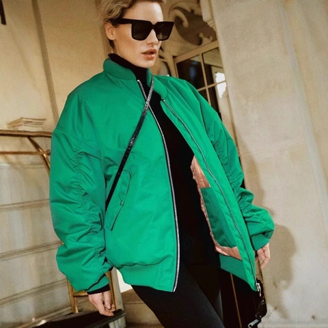 Women Oversized Bomber Jacket Polyester Zip Up Ribbed Trim Flap Pockets Loose Fit Flight Coat Casual Solid Color