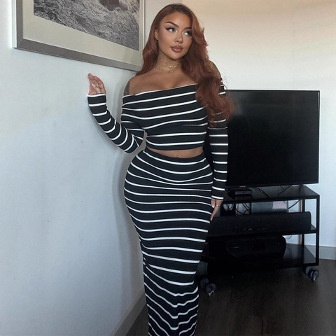 Women Striped Rib Knit Off Shoulder Long Sleeve Crop Top And Bodycon High Waist Maxi Skirt Sexy Slim Fit