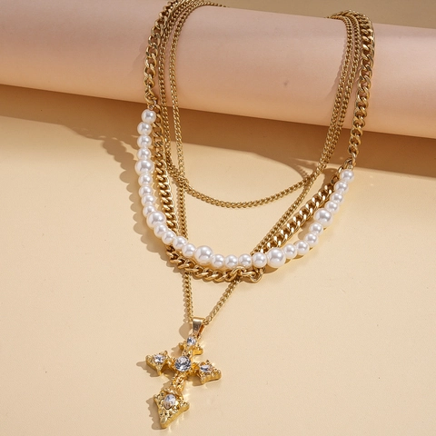 Collier À Pendentif Croix Multi Couches Rétro Baroque Élégant Alliage Strass Imitation Künstliche Perle Chaîne De Pull Femmes