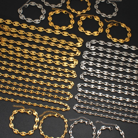Set Collana e Bracciale Hip Hop in Acciaio Inossidabile Chicco di Caffè Naso di Maiale Gioielli Mariner Donna Oro Argento