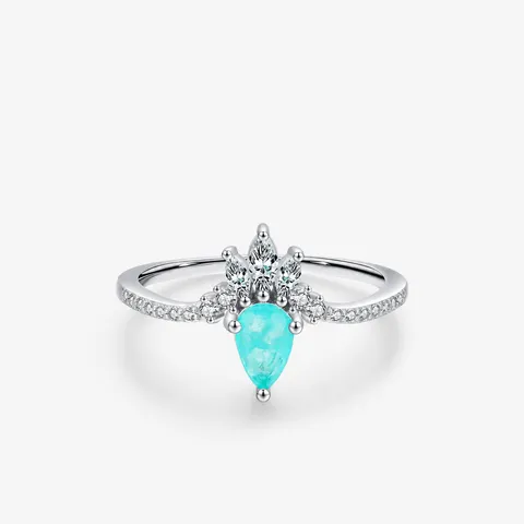 925 Sterling Silver Ring Crown Design Pear Cut Paraiba Color Zircon Sparkling Fashion Jewelry Gift For Women
