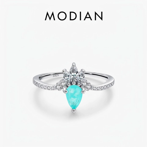 925 Sterling Silver Ring Crown Design Pear Cut Paraiba Color Zircon Sparkling Fashion Jewelry Gift For Women