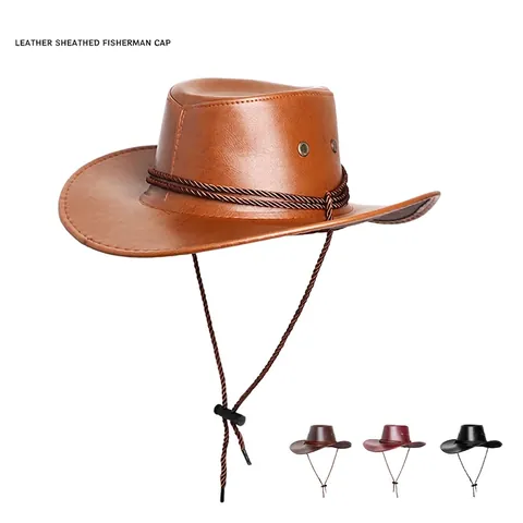 Western Cowboy Hat Retro PU Leather Wide Brim For Men Women Outdoor Sun Protection Breathable Adjustable Wind String Vintage