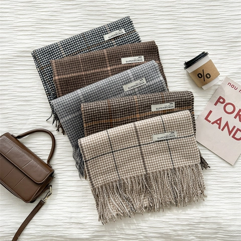Damen Karierter Schal Mit Hahnentrittmuster Kaschmirimitat Weich Warm Lang Quasten Stola Winter Mode Accessoires