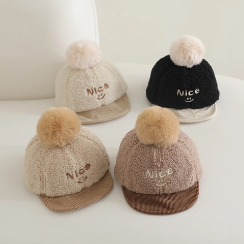 Cappello Da Baseball Per Neonati Lana D'Agnello Velluto A Coste Berretto Invernale Caldo Con Pompon Ricamo Sorriso