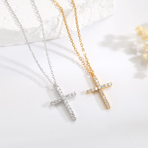 Collar Con Colgante de Cruz de Plata de Ley 925 para Mujer Joyería de Circonia Micro Pavé Cadena de Clavícula Regalo Color Oro Oro Blanco