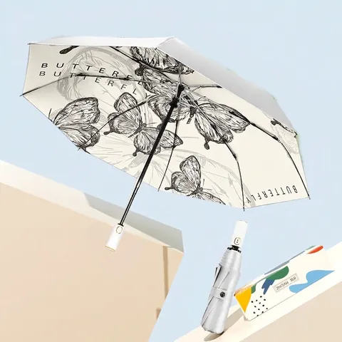 Paraguas Plegable Revestimiento Plateado Protección UV Sol Lluvia Estampados Mariposa Flor Resistente Al Viento