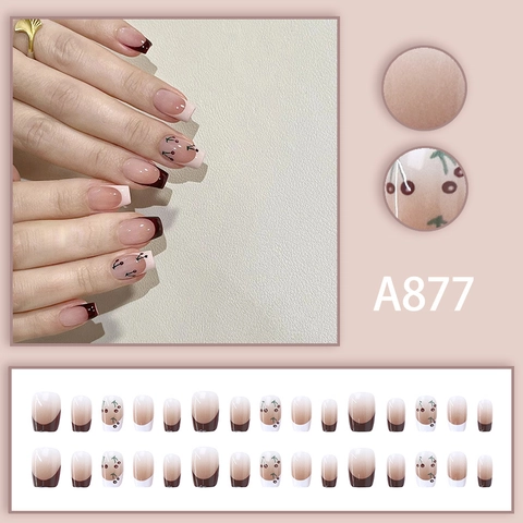 Press On Nails Short Square French Tip Cherry Pattern Glossy Gradient Sweet Style Artificial Fake Nails For Women