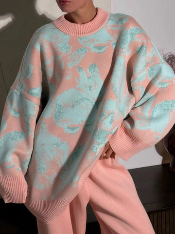 Women Knit Sweater Cotton Blend Rabbit Jacquard Oversized Pullover Crew Neck Casual Long Sleeve Color Block
