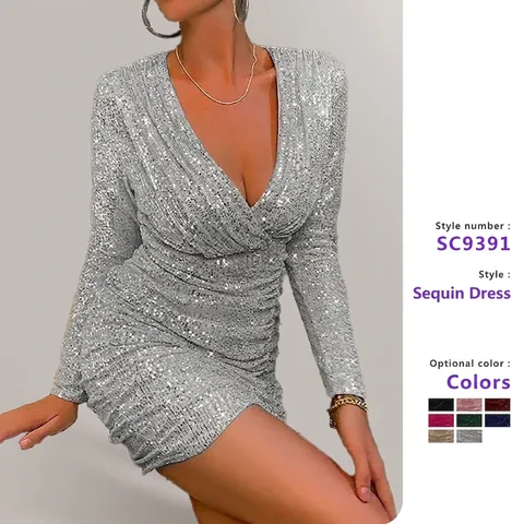 Women Sexy Deep V Neck Sequin Long Sleeve Bodycon Mini Dress Ruched Party Nightclub Evening Glitter Slim Fit Cocktail Dress