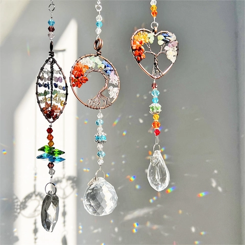 Tree Of Life Crystal Suncatchers With Chakra Stones And Prism Pendants Copper Wire Hanging Ornaments Home Garden Decor