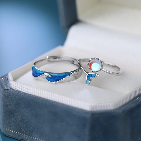 Walflosse Und Welle Paar Ringe 925 Sterlingsilber Mondstein Blau Emaille Verstellbar Nautischer Schmuck