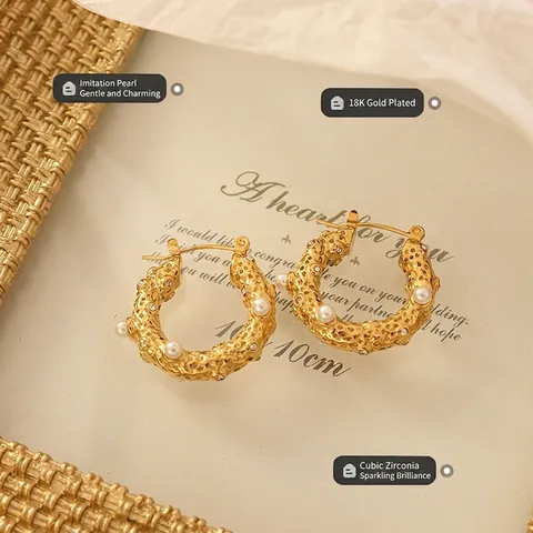 Orecchini a Cerchio in Acciaio al Titanio Martellato Vintage Francese per Donna Con Zirconia E Perla Artificiale Oro Argento