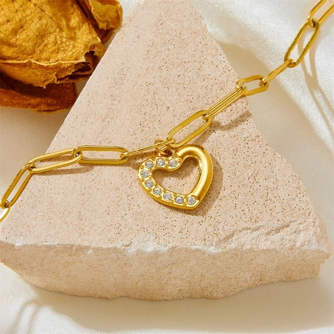 Bracciale Con Ciondolo A Cuore Acciaio Inossidabile Strass Catena A Graffetta Placcato Oro Gioielli Minimalisti Eleganti Per Donna