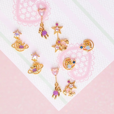 Pink Bear Zirconia Stud Earrings For Women Brass Star Moon Saturn Dangle Earrings 925 Sterling Silver Post Jewelry Gift