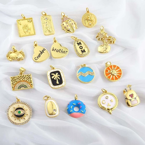 Ciondoli Charms In Rame Per Creazione Gioielli DIY Placcati Oro Zircone Smalto Cuore Rettangolo Occhio Di Allah