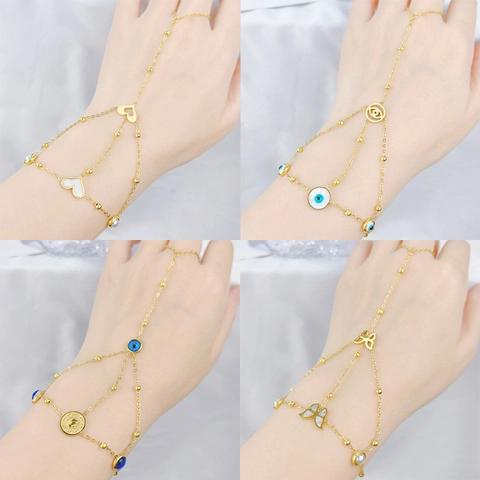 Mode Gold Edelstahl Handschmuck Sklaven Armband Für Damen Schmetterling Böser Blick Herz Anhänger Ring Armband Finger Kette Schmuck