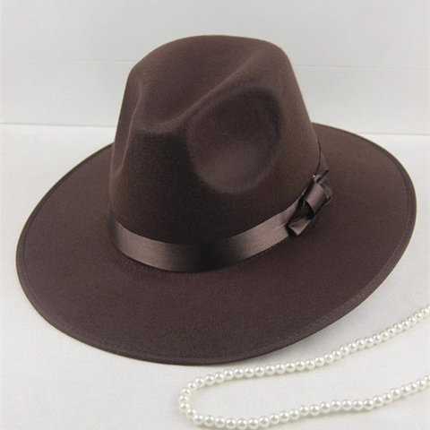 Vintage Polyester Felt Fedora Hat Wide Brim Jazz Hat With Satin Ribbon Decoration Elegant Stage Party Hat For Men Women