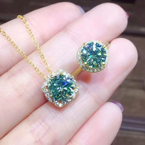 Gioielli Elegante Moissanite Blu Verde Gemma Simulata Halo Rame Placcato Oro Collana Anello Orecchini Da Donna