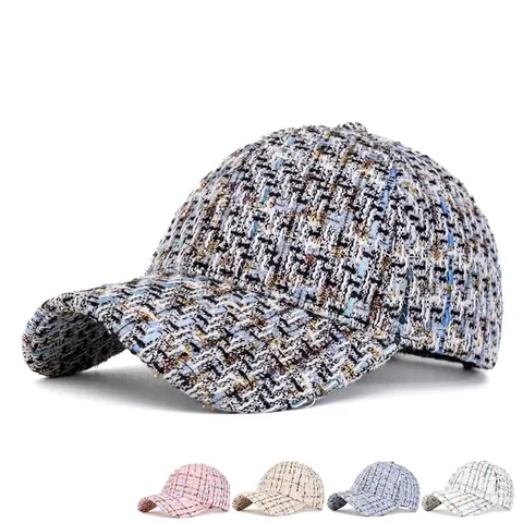 Gorra De Béisbol De Tweed Para Mujer Elegante Cuadros Tejido Mixto Otoño Invierno Moda Ajustable Retro Visera Curva Sombrero