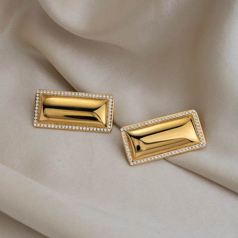 Luxus Edelstahl Geometrische Rechteck Ohrstecker Ring Strass 18K Vergoldet Wasserdicht Schmuck Für Damen Herren