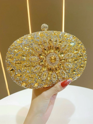 Luxury Rhinestone Evening Clutch Bag Oval Crystal Flower Pattern Party Handbag With Detachable Metal Chain Strap