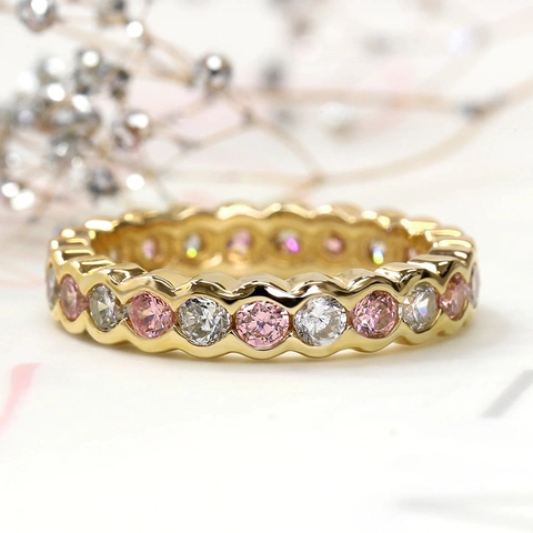 Geometric Eternity Ring Copper Cubic Zirconia Wave Pattern Alternating Pink White Stones Minimalist Jewelry For Women