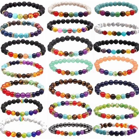 Chakra Kralen Armband Natuursteen Vulkanische Lava Tijgeroog Elastisch Yoga Energie Genezing Balans Sieraden Unisex