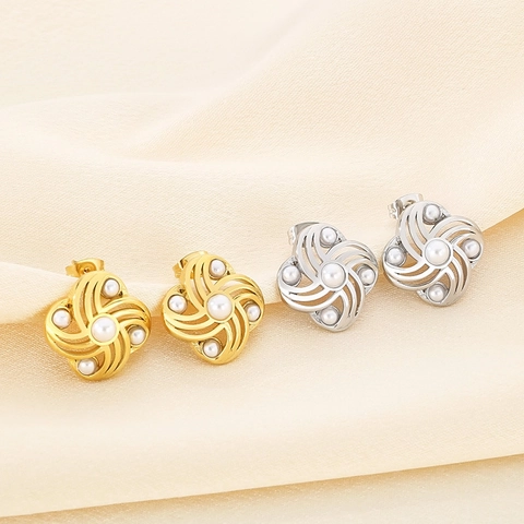 Pendientes De Botón Con Flor En Espiral Elegantes Acero Inoxidable 316L Incrustaciones Perla Artificial Concha Joyería Vintage Mujer