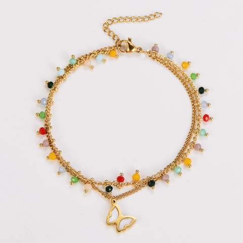Pulsera Y Tobillera De Mariposa De Doble Capa Acero Inoxidable Cuentas De Colores Joyería De Moda Mujer
