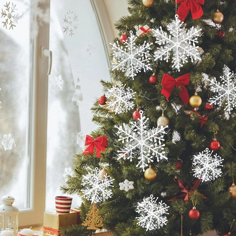 Adornos Colgantes Para Árbol De Navidad De Copo De Nieve Plástico Blanco Brillo Decoración Del Hogar Fiesta Boda