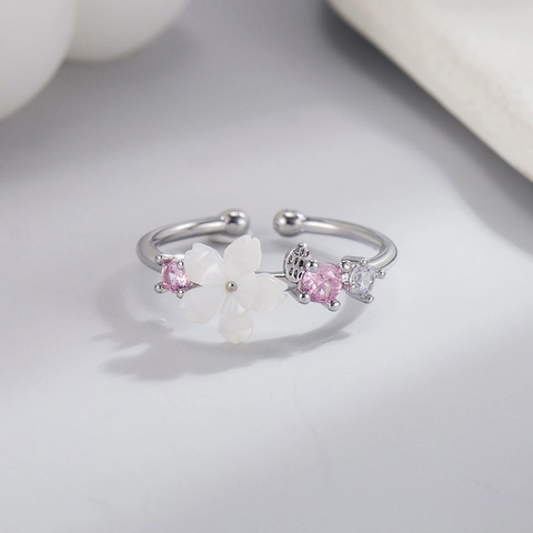 Anello Fiore Di Ciliegio In Rame Con Zircone A Cuore Rosa Aperto Regolabile Gioielli Per Donne