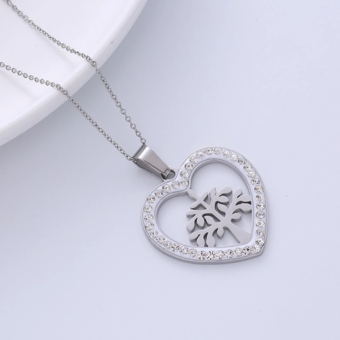 Collana Ciondolo Cuore Acciaio Inossidabile Albero Della Vita Vuoto Strass Gioielli Donna