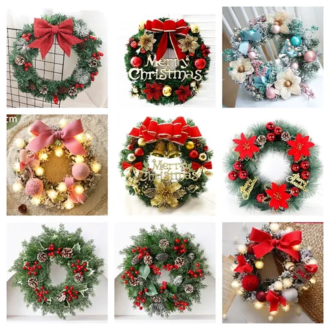 Corona Di Natale Artificiale Aghi Di Pino Ghirlanda Con Fiocco Pigne Bacche Per Porta D'ingresso Decorazione Murale Casa