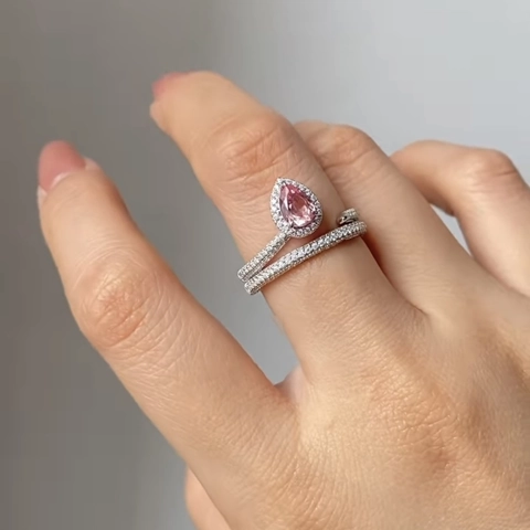 Fashion Pear Shaped Pink Rhinestone Double Layer Ring For Women Silver Plated Alloy Pave Rhinestone Finger Ring Jewelry Gift