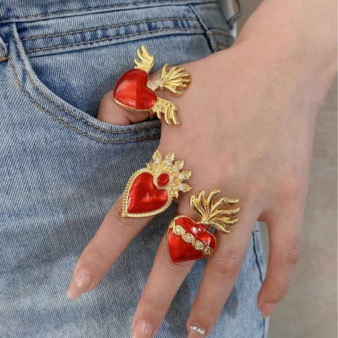 Sacred Heart Verstellbare Ringe Rote Emaille Vergoldetes Kupfer Zirkon Gothic Barock Flügel Krone Vintage Schmuck Damen Herren