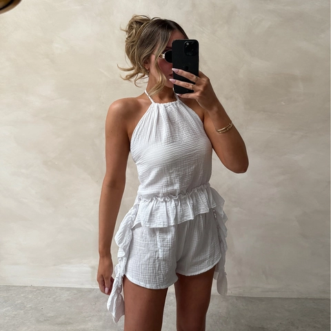 Dames Zomer Halter Top En Shorts Wit Crinkle Stof Rugloos Mouwloos Elastische Taille Casual Vakantie Sexy