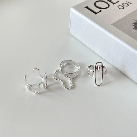 Geometric 925 Sterling Silver Open Rings Minimalist Adjustable Wave Oval Bead Fashion Jewelry Women