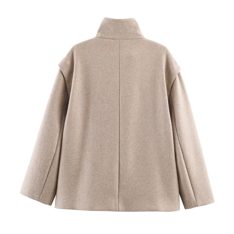 Abrigo De Lana Corto Mujeres Cuello Alto Chaqueta Holgada Color Sólido Ropa De Abrigo Con Bolsillos Moda Elegante Streetwear