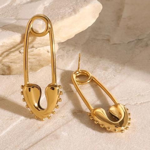 Stainless Steel Heart Safety Pin Earrings 18K Gold Plated Minimalist Punk Style Fashion Jewelry For Women Trendy